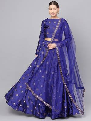 BLUE EMBROIDERED WITH MIRROR WORK ART SILK SEMI STITCHED LEHENGA CHOLI 1
