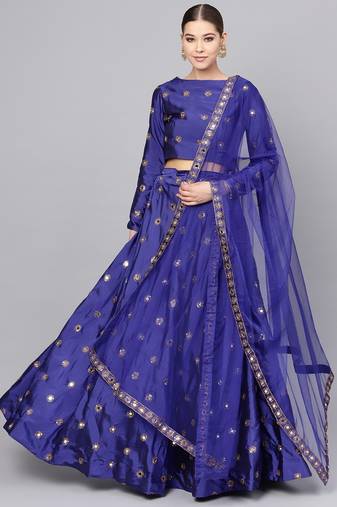 BLUE EMBROIDERED WITH MIRROR WORK ART SILK SEMI STITCHED LEHENGA CHOLI