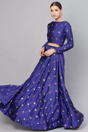 BLUE EMBROIDERED WITH MIRROR WORK ART SILK SEMI STITCHED LEHENGA CHOLI