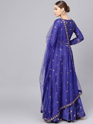 BLUE EMBROIDERED WITH MIRROR WORK ART SILK SEMI STITCHED LEHENGA CHOLI 3