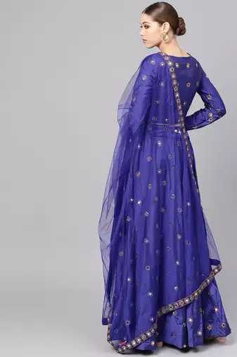 BLUE EMBROIDERED WITH MIRROR WORK ART SILK SEMI STITCHED LEHENGA CHOLI