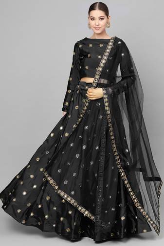 BLACK EMBROIDERED WITH MIRROR WORK ART SILK SEMI STITCHED LEHENGA CHOLI