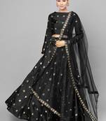 BLACK EMBROIDERED WITH MIRROR WORK ART SILK SEMI STITCHED LEHENGA CHOLI