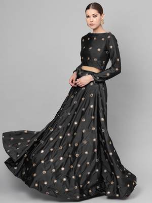 BLACK EMBROIDERED WITH MIRROR WORK ART SILK SEMI STITCHED LEHENGA CHOLI 2