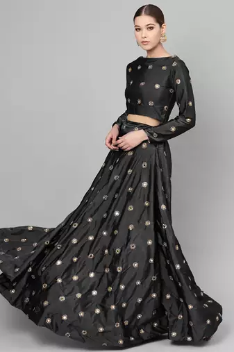 BLACK EMBROIDERED WITH MIRROR WORK ART SILK SEMI STITCHED LEHENGA CHOLI