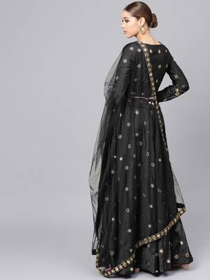 BLACK EMBROIDERED WITH MIRROR WORK ART SILK SEMI STITCHED LEHENGA CHOLI 3