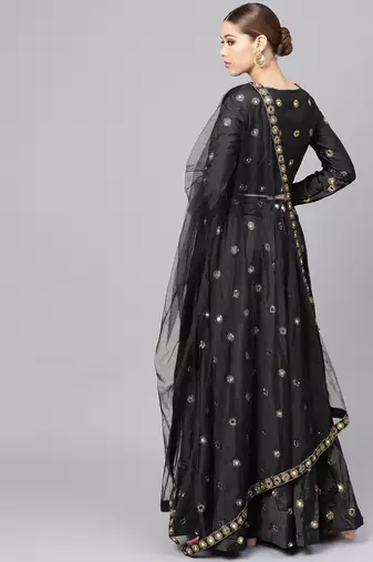 BLACK EMBROIDERED WITH MIRROR WORK ART SILK SEMI STITCHED LEHENGA CHOLI