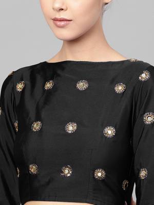 BLACK EMBROIDERED WITH MIRROR WORK ART SILK SEMI STITCHED LEHENGA CHOLI 4