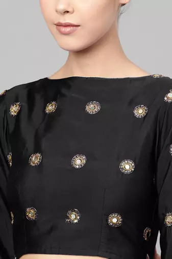 BLACK EMBROIDERED WITH MIRROR WORK ART SILK SEMI STITCHED LEHENGA CHOLI