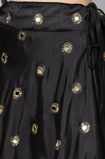 BLACK EMBROIDERED WITH MIRROR WORK ART SILK SEMI STITCHED LEHENGA CHOLI