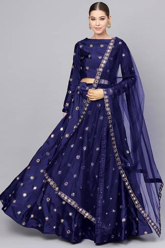 NAVY BLUE EMBROIDERED WITH MIRROR WORK ART SILK SEMI STITCHED LEHENGA CHOLI