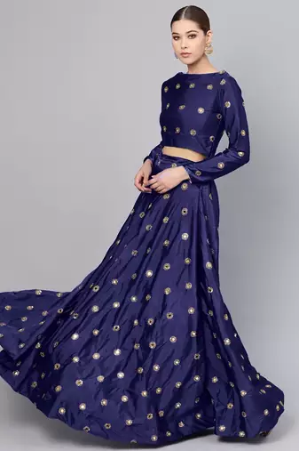 NAVY BLUE EMBROIDERED WITH MIRROR WORK ART SILK SEMI STITCHED LEHENGA CHOLI