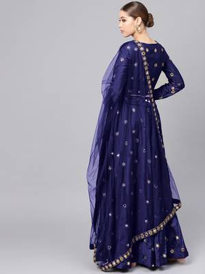 NAVY BLUE EMBROIDERED WITH MIRROR WORK ART SILK SEMI STITCHED LEHENGA CHOLI 3