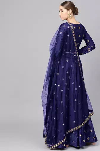 NAVY BLUE EMBROIDERED WITH MIRROR WORK ART SILK SEMI STITCHED LEHENGA CHOLI