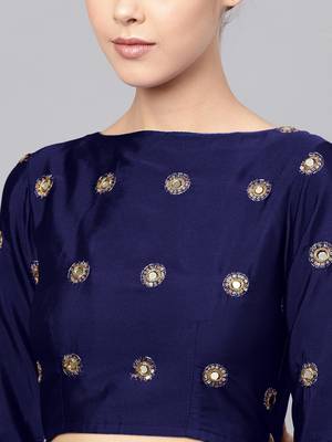 NAVY BLUE EMBROIDERED WITH MIRROR WORK ART SILK SEMI STITCHED LEHENGA CHOLI 4
