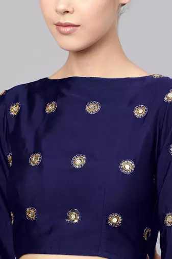 NAVY BLUE EMBROIDERED WITH MIRROR WORK ART SILK SEMI STITCHED LEHENGA CHOLI