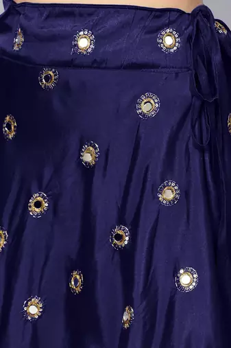 NAVY BLUE EMBROIDERED WITH MIRROR WORK ART SILK SEMI STITCHED LEHENGA CHOLI
