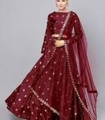 MAROON EMBROIDERED WITH MIRROR WORK ART SILK SEMI STITCHED LEHENGA CHOLI