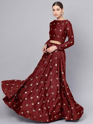 MAROON EMBROIDERED WITH MIRROR WORK ART SILK SEMI STITCHED LEHENGA CHOLI 2