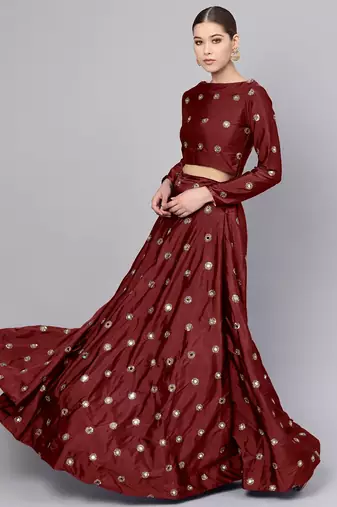 MAROON EMBROIDERED WITH MIRROR WORK ART SILK SEMI STITCHED LEHENGA CHOLI