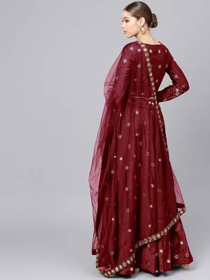 MAROON EMBROIDERED WITH MIRROR WORK ART SILK SEMI STITCHED LEHENGA CHOLI 3