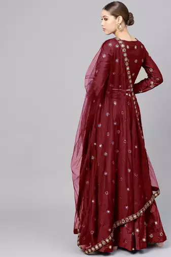 MAROON EMBROIDERED WITH MIRROR WORK ART SILK SEMI STITCHED LEHENGA CHOLI