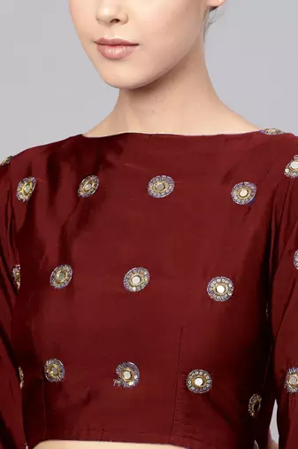 MAROON EMBROIDERED WITH MIRROR WORK ART SILK SEMI STITCHED LEHENGA CHOLI