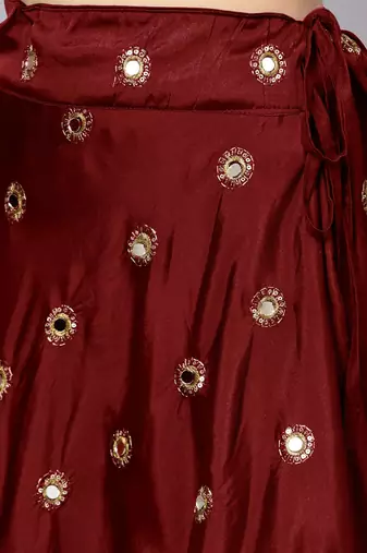 MAROON EMBROIDERED WITH MIRROR WORK ART SILK SEMI STITCHED LEHENGA CHOLI
