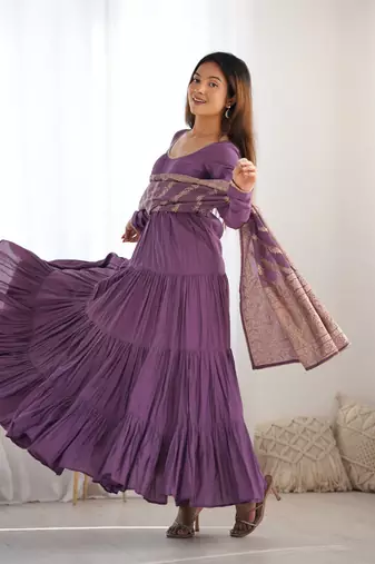 Romansilk Chanderi Fabric Fully Flair Anarkali Gown With Dupatta, Pent