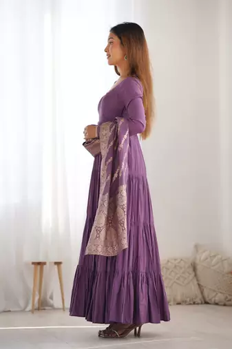 Romansilk Chanderi Fabric Fully Flair Anarkali Gown With Dupatta, Pent