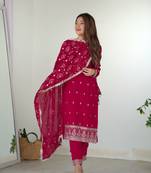 Blooming Vichitra Silk Fabric Straight Fit Embroidery Work Kurta With Dupatta, Pant