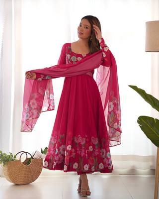 Floral Printed Organza Anarkali Kurta With Cotton Silk Pant And Dupatta. 1