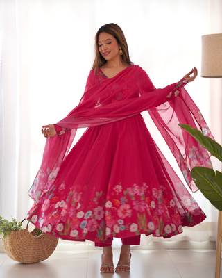 Floral Printed Organza Anarkali Kurta With Cotton Silk Pant And Dupatta. 2