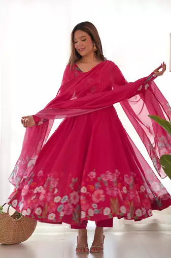 Floral Printed Organza Anarkali Kurta With Cotton Silk Pant And Dupatta.