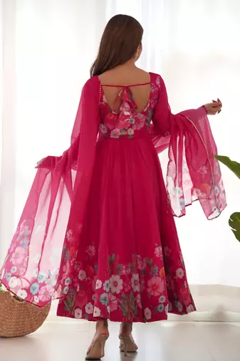 Floral Printed Organza Anarkali Kurta With Cotton Silk Pant And Dupatta.