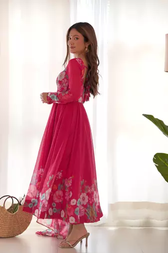Floral Printed Organza Anarkali Kurta With Cotton Silk Pant And Dupatta.