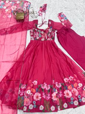 Floral Printed Organza Anarkali Kurta With Cotton Silk Pant And Dupatta. 6