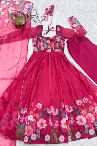 Floral Printed Organza Anarkali Kurta With Cotton Silk Pant And Dupatta.
