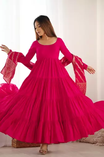 Romansilk Chanderi Fabric Fully Flair Anarkali Gown With Dupatta, Pent