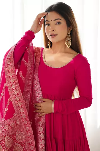 Romansilk Chanderi Fabric Fully Flair Anarkali Gown With Dupatta, Pent