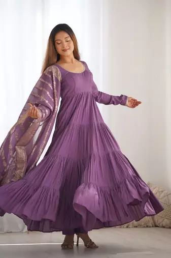 Romansilk Chanderi Fabric Fully Flair Anarkali Gown With Dupatta, Pent