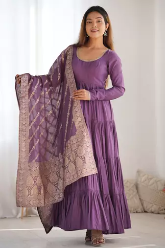 Romansilk Chanderi Fabric Fully Flair Anarkali Gown With Dupatta, Pent