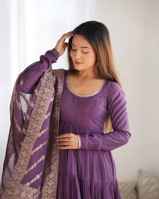 Romansilk Chanderi Fabric Fully Flair Anarkali Gown With Dupatta, Pent 7
