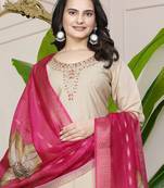 Cream Colour Premium Roman Silk Hand Work A Line Kurta Set