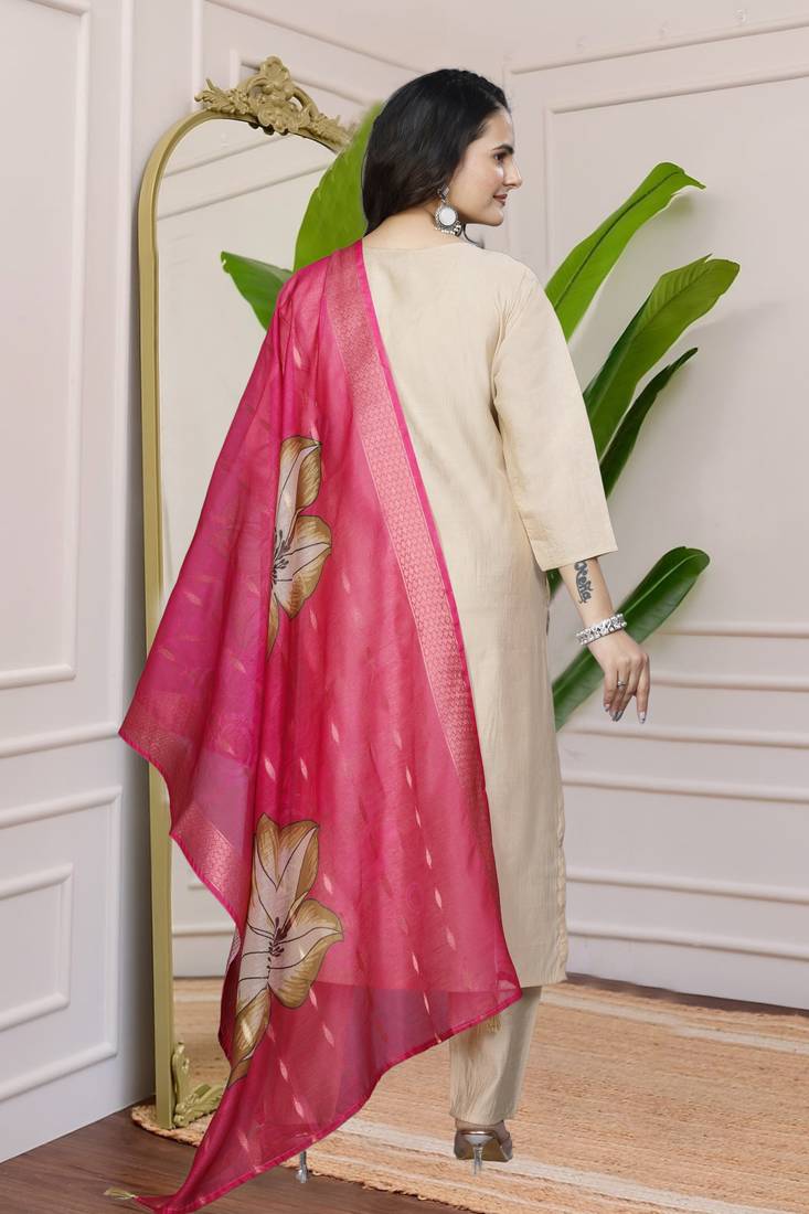 Cream Colour Premium Roman Silk Hand Work A Line Kurta Set