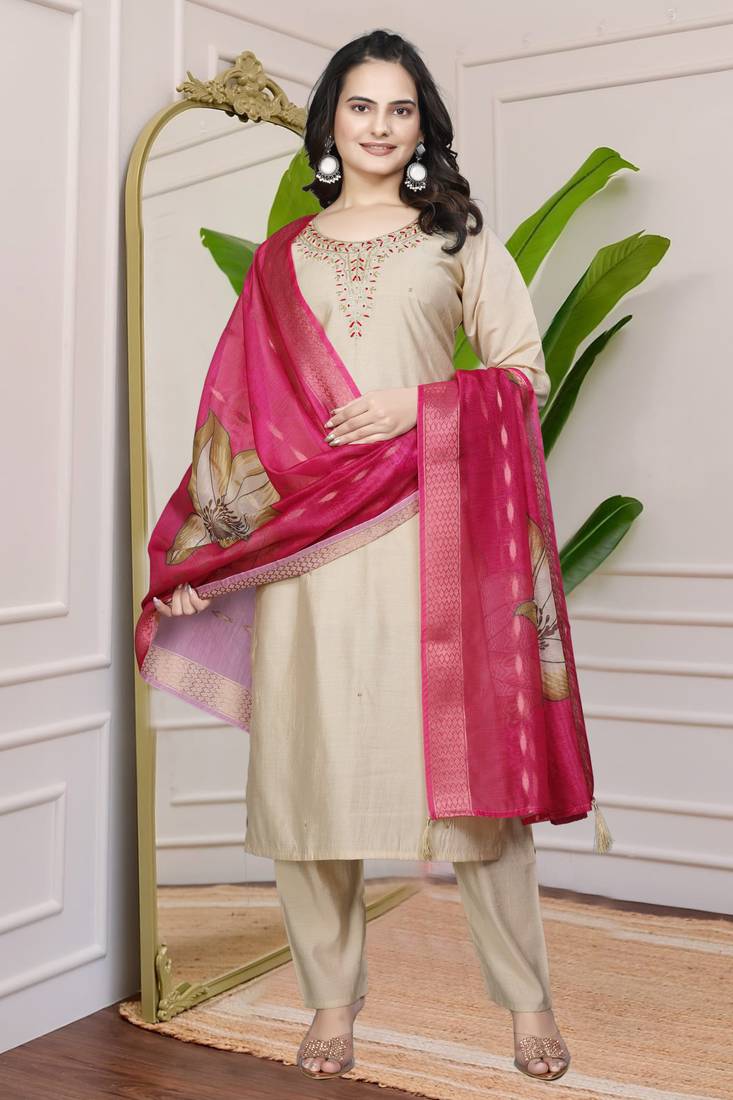 Cream Colour Premium Roman Silk Hand Work A Line Kurta Set