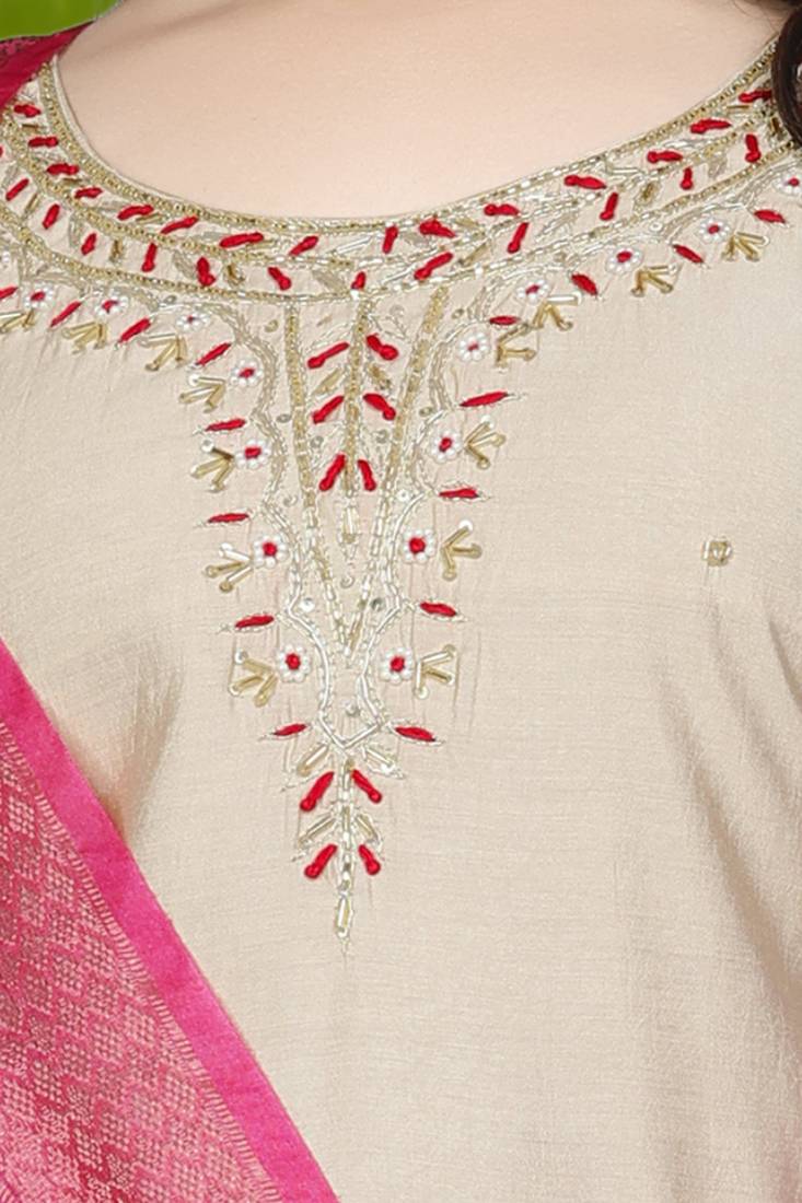 Cream Colour Premium Roman Silk Hand Work A Line Kurta Set