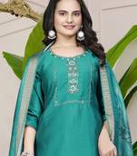 Teal Blue Colour Premium Roman Silk Hand Work A Line Kurta Set
