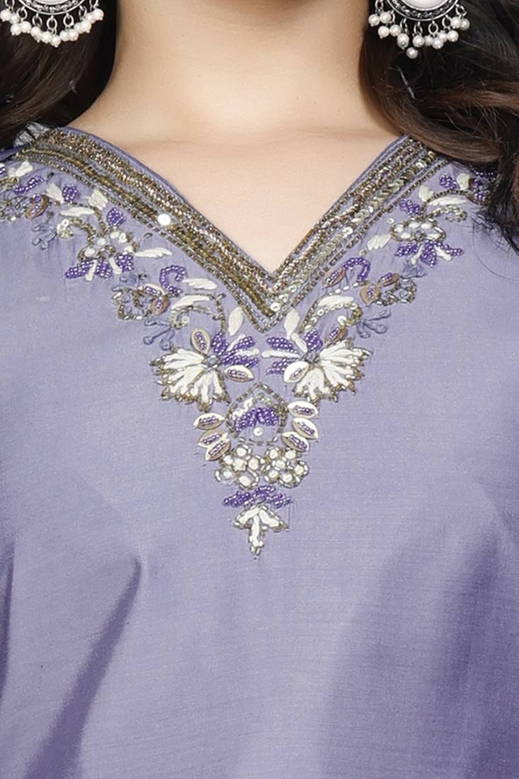 Lavender Colour Premium Roman Silk Hand Work A Line Kurta Set