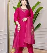 Rani Pink Colour Premium Roman Silk Hand Work A Line Kurta Set